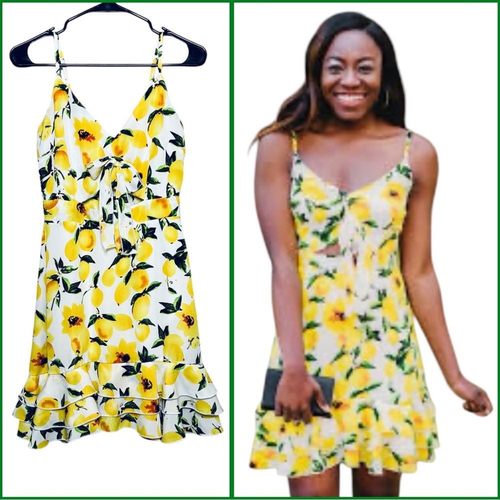 Boohoo Lemon Print Ruffle Hem Mini Dress Front Cut-Out & Bow Size 6 Yellow White
